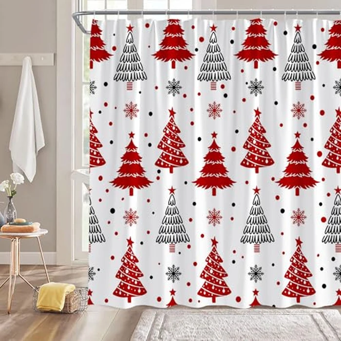Christmas Tree Shower Curtain Red Black Xmas Tree Snowflake Snow Winter Cartoon Festival 70" Wx70 H Fabric Bathroom Decor Curtain with Hooks by YNFUQANLN - Image 2