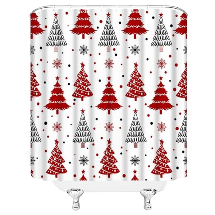 Christmas Tree Shower Curtain Red Black Xmas Tree Snowflake Snow Winter Cartoon Festival 70" Wx70 H Fabric Bathroom Decor Curtain with Hooks by YNFUQANLN - Image 3