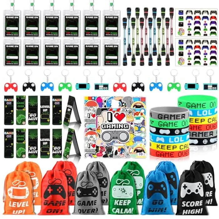 Video Game Party Favors, 124 PCS Gaming Birthday Party Supplies with Drawstring Bags VIP Pass Tickets Silicone Bracelet Keychain Temporary Tattoo Stickers Game Theme Goodie Bag for Kids Gamer by KISPATTI - Used - Very Good condition - US$20.46
