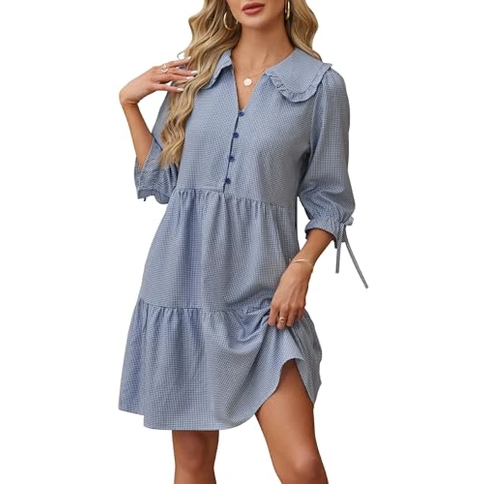 CCTOO Women's Summer Dresses Casual V Neck Button Down 3/4 Sleeve Floral Print Loose Flowy Shirt Dress 217 NBL L by CCTOO - Image 2
