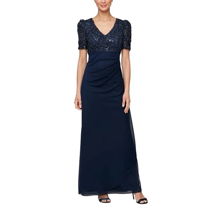 Alex Evenings Long Women's Wedding Guest Dress with V-Neck Stretch Sequin Bodice and Empire Waist (Petite and Regular Sizes), Navy Soutache Puff, 18 by Alex Evenings - Used - Like New condition