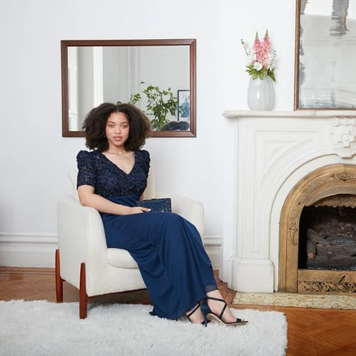 Alex Evenings Long Women's Wedding Guest Dress with V-Neck Stretch Sequin Bodice and Empire Waist (Petite and Regular Sizes), Navy Soutache Puff, 18 by Alex Evenings - Image 2