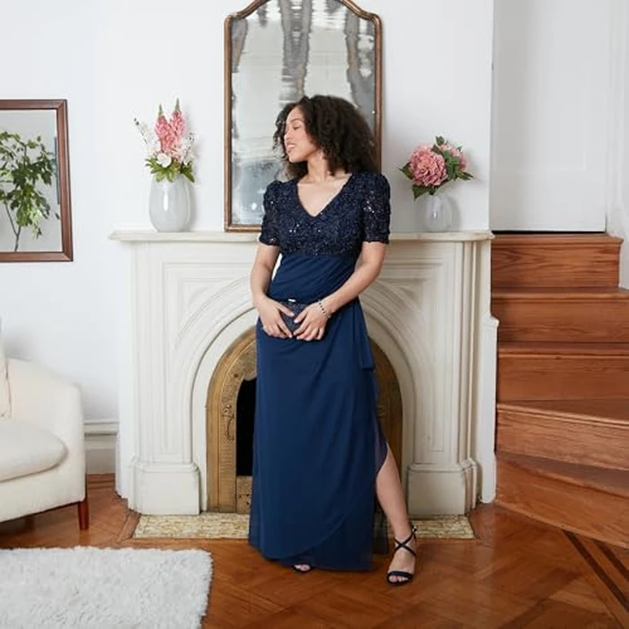 Alex Evenings Long Women's Wedding Guest Dress with V-Neck Stretch Sequin Bodice and Empire Waist (Petite and Regular Sizes), Navy Soutache Puff, 18 by Alex Evenings - Image 3