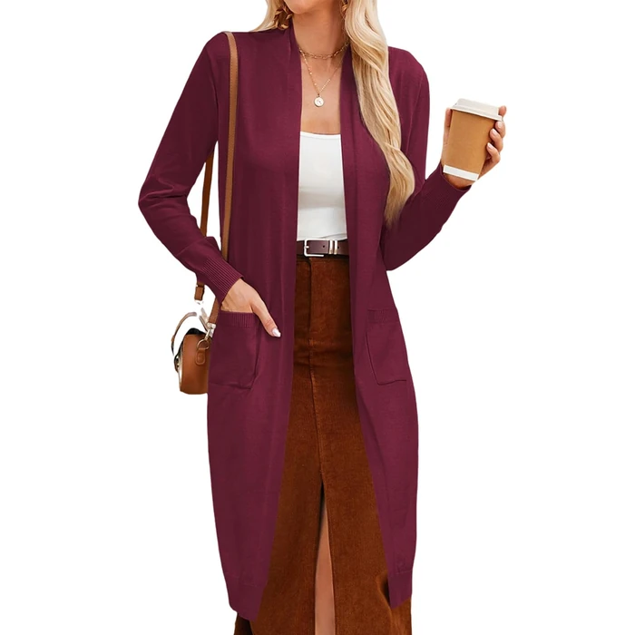GRACE KARIN Burgundy Cardigan for Women Long Sleeve Open Front Knit Cardigan Duster Coat with Pockets Christmas Cardigan (Burgundy,S) by GRACE KARIN - Used - Like New condition - US$19.53