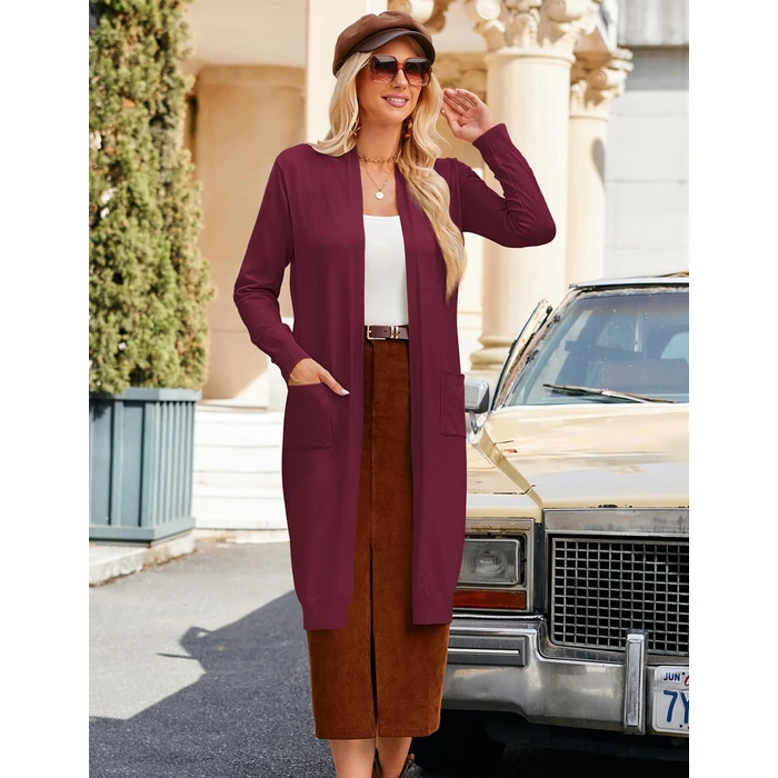 GRACE KARIN Burgundy Cardigan for Women Long Sleeve Open Front Knit Cardigan Duster Coat with Pockets Christmas Cardigan (Burgundy,S) by GRACE KARIN - Image 2