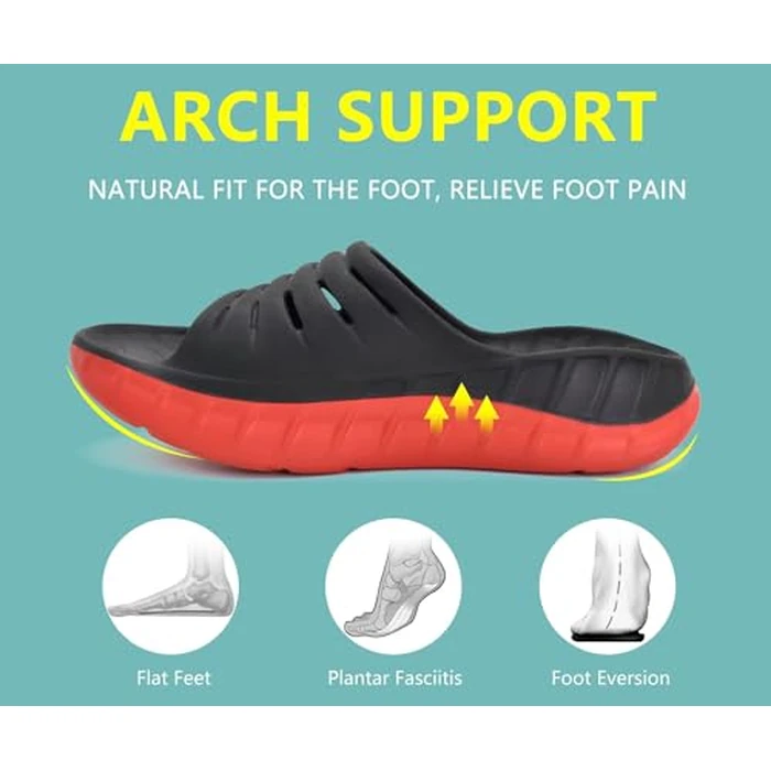 GPOS Mens Sport Recovery Sandals Plantar Fasciitis Arch Support Thick Cushion Slides Sandals Lightweight Comfort Orthotic Open Toe Slippers Black Red Size 9 by GPOS - Image 4