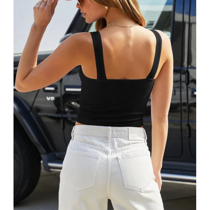 BONITEE Women Casual Basic Summer 2026 Trendy Sleeveless V Neck Ribbed Knitted Y2k Crop Tank Top Black S by BONITEE - Image 4