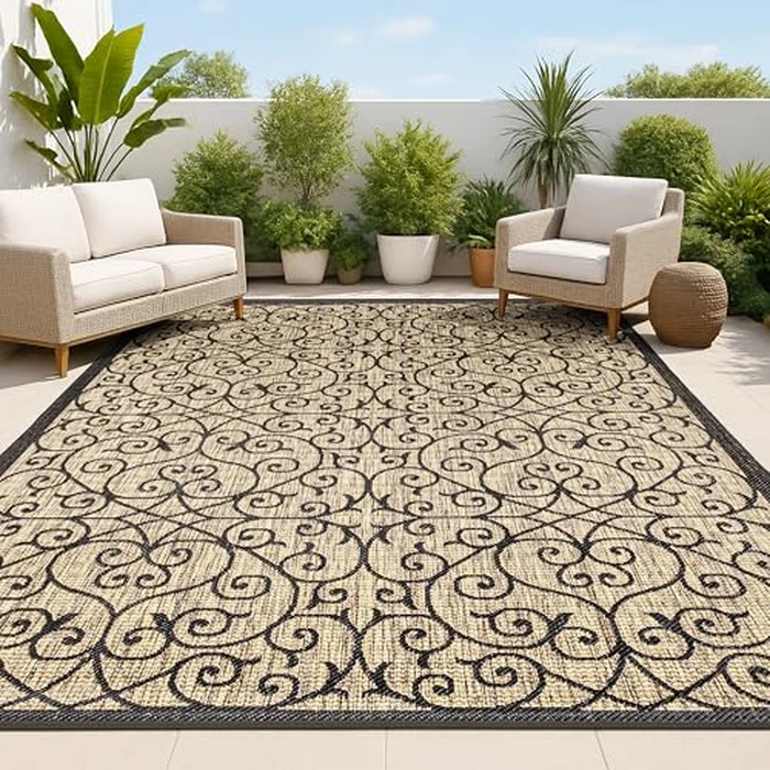 JONATHAN Y Vintage Filigree Indoor Outdoor Area Rug 4X6 Black/Khaki, Madrid Textured Weave for Backyard, Patio, Porch, Easy-Cleaning, High Traffic, Pet-Friendly, Non-Shedding (SMB107A-4) by JONATHAN Y - Used - Like New condition - US$42.00