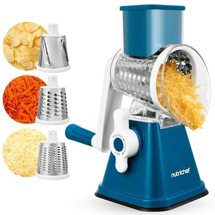 Nutrichef 3 in 1 Cheese Grater & Shredder | Strong Suction Base, Rotary Handle with Safety Lock | Includes Hand Crank & 3 Drum Blades for 3 Textures, Fine, Medium & Strips | Blue by Nutrichef - Used - Acceptable condition - CA$20.99