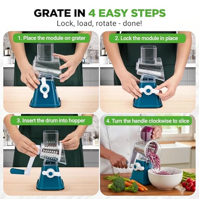 Nutrichef 3 in 1 Cheese Grater & Shredder | Strong Suction Base, Rotary Handle with Safety Lock | Includes Hand Crank & 3 Drum Blades for 3 Textures, Fine, Medium & Strips | Blue by Nutrichef - Image 2