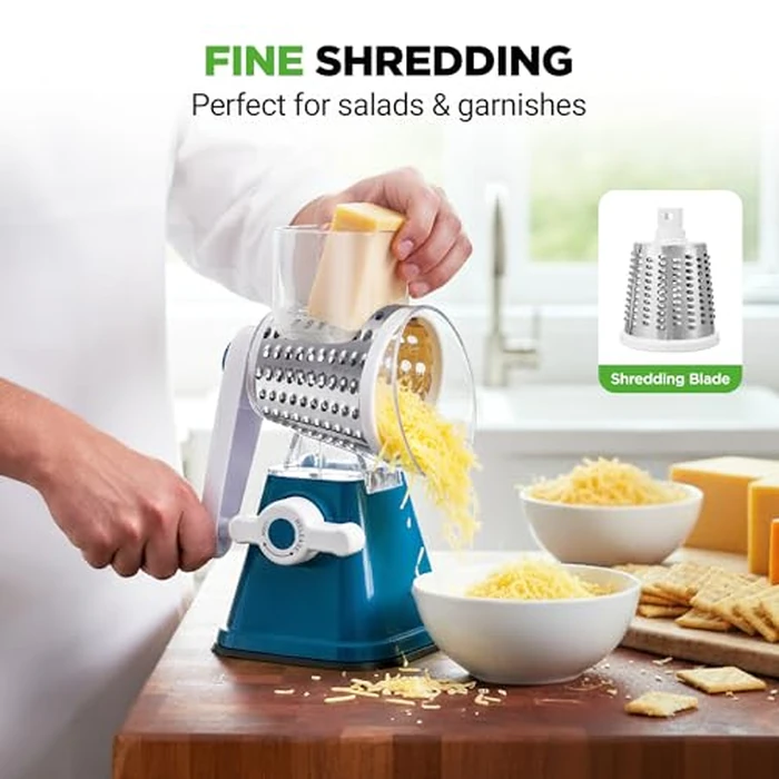 Nutrichef 3 in 1 Cheese Grater & Shredder | Strong Suction Base, Rotary Handle with Safety Lock | Includes Hand Crank & 3 Drum Blades for 3 Textures, Fine, Medium & Strips | Blue by Nutrichef - Image 4