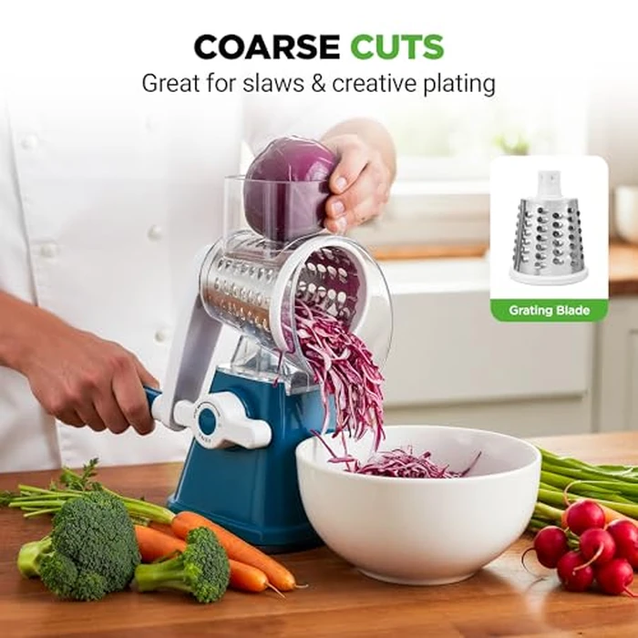 Nutrichef 3 in 1 Cheese Grater & Shredder | Strong Suction Base, Rotary Handle with Safety Lock | Includes Hand Crank & 3 Drum Blades for 3 Textures, Fine, Medium & Strips | Blue by Nutrichef - Image 5