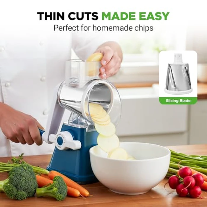 Nutrichef 3 in 1 Cheese Grater & Shredder | Strong Suction Base, Rotary Handle with Safety Lock | Includes Hand Crank & 3 Drum Blades for 3 Textures, Fine, Medium & Strips | Blue by Nutrichef - Image 6
