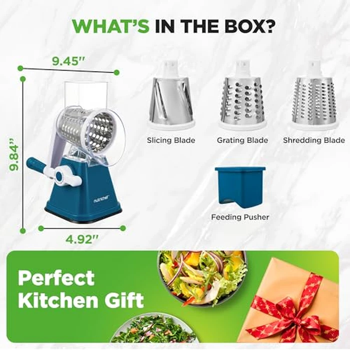 Nutrichef 3 in 1 Cheese Grater & Shredder | Strong Suction Base, Rotary Handle with Safety Lock | Includes Hand Crank & 3 Drum Blades for 3 Textures, Fine, Medium & Strips | Blue by Nutrichef - Image 8