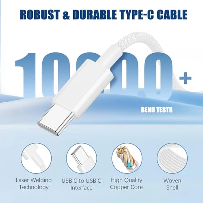 QGRHO USB C to C Fast Charger Cable 10ft, 60W Long Fast Charge Type C to C Charging Cord Wire for Apple iPhone 17 Pro Max/17 Air/16 Pro Max/15 Plus,iPad Pro 12.9/11 inch/Mini/Air,MacBook,Samsung-White by QGRHO - Image 3