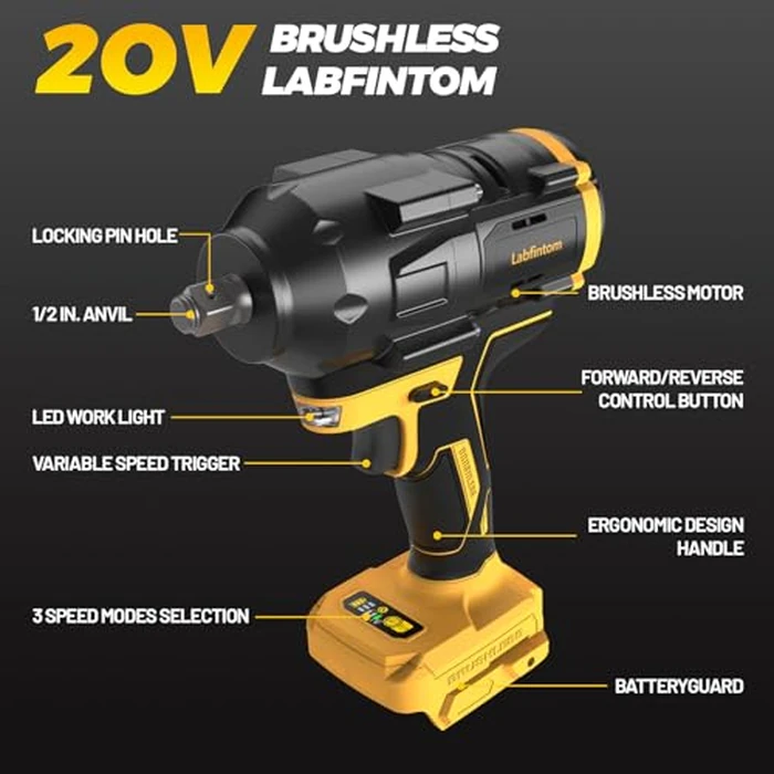 Cordless Impact Wrench for De-Walt 20V Battery, 1/2" High Torque Impact Gun, 900Ft-lbs(1200N.m) Brushless Power Impact Driver with 4-Mode Speed, LED Work Light (Battery NOT Included) by Labfintom - Image 2