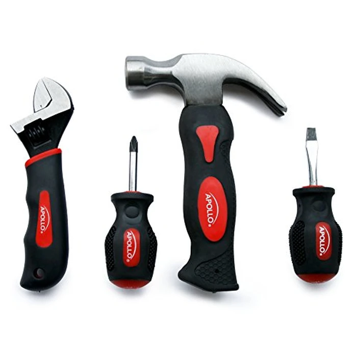 Apollo Tools 4 Piece Stubby Tool Set for Small Hands and Tight Spaces. Convenient and Compact Small Tool Set Includes Mini Hammer, Mini Screwdriver Set and Mini Wrench - Red - DT0240 by Apollo - Used - Very Good condition