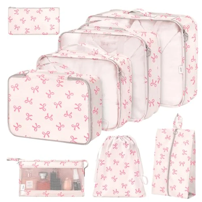 8 Set Packing Cubes for Suitcases,Suitcase Organizer with Shoe,Cosmetics,Clothing, and Accessories Bags for Travel Luggage Organizer Women Men(Pink Bows) by hatisan - Used - Very Good condition - US$13.91