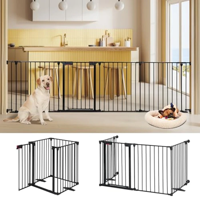 AGESISI Freestanding Dog Gates with Door Walk Through, Extra Wide Doggy Door 100" W x 29" H Pet Gate Safty 4 Panels Dog Fence for Stairs, Doorways by AGESISI - Used - Acceptable condition