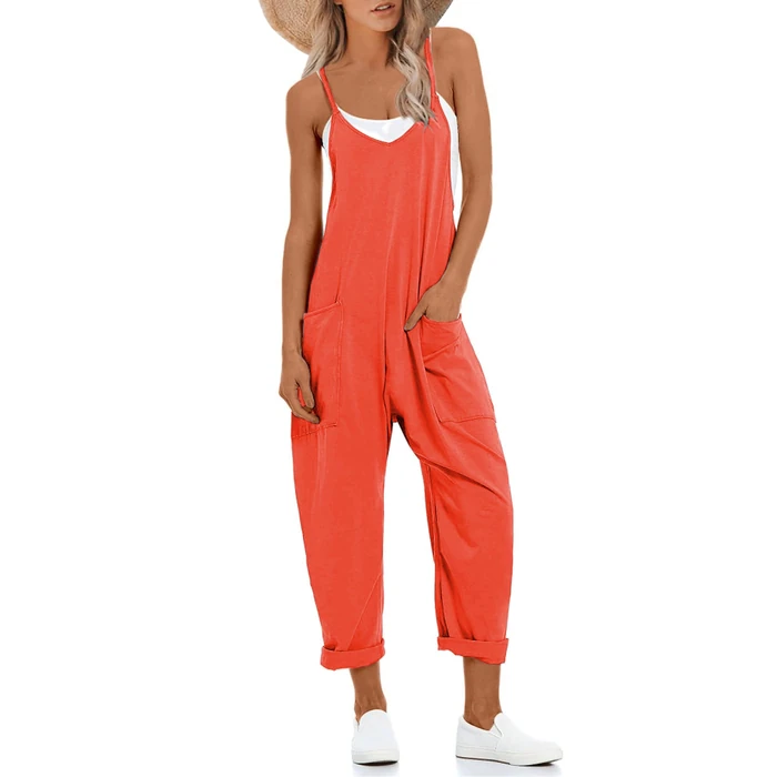 Lentta Women's Causal Jumpsuits V Neck Sleeveless Harem Overalls Stretchy Adjustable Strap Romper with Pockets(OrangeRed-M) by Lentta - Used - Like New condition - US$22.77