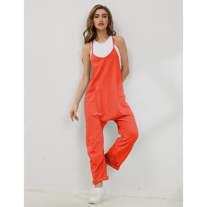 Lentta Women's Causal Jumpsuits V Neck Sleeveless Harem Overalls Stretchy Adjustable Strap Romper with Pockets(OrangeRed-M) by Lentta - Image 2