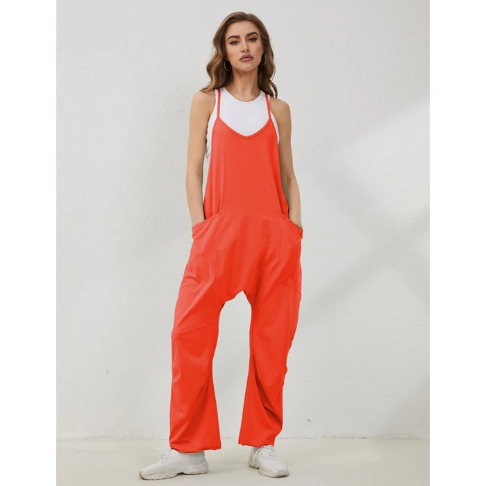 Lentta Women's Causal Jumpsuits V Neck Sleeveless Harem Overalls Stretchy Adjustable Strap Romper with Pockets(OrangeRed-M) by Lentta - Image 3