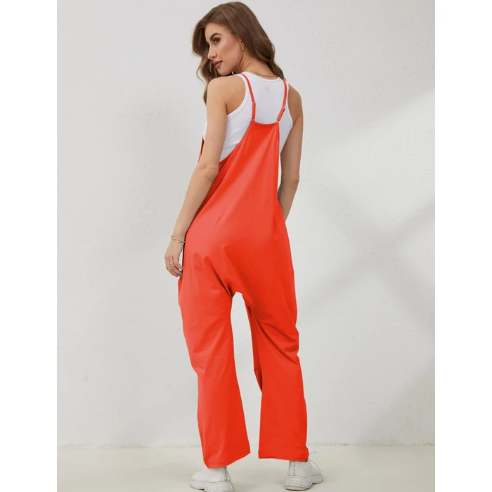 Lentta Women's Causal Jumpsuits V Neck Sleeveless Harem Overalls Stretchy Adjustable Strap Romper with Pockets(OrangeRed-M) by Lentta - Image 4