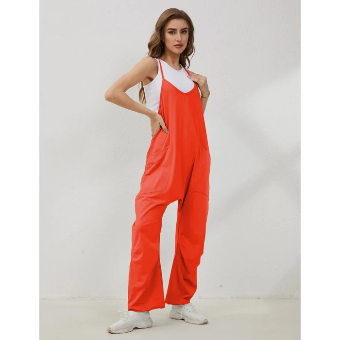 Lentta Women's Causal Jumpsuits V Neck Sleeveless Harem Overalls Stretchy Adjustable Strap Romper with Pockets(OrangeRed-M) by Lentta - Image 5
