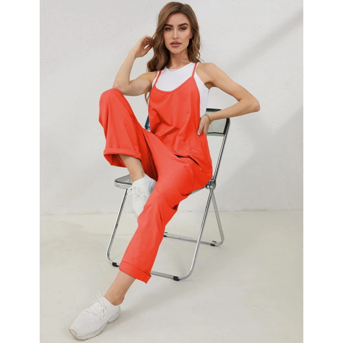 Lentta Women's Causal Jumpsuits V Neck Sleeveless Harem Overalls Stretchy Adjustable Strap Romper with Pockets(OrangeRed-M) by Lentta - Image 6