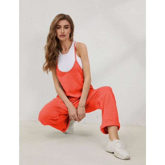 Lentta Women's Causal Jumpsuits V Neck Sleeveless Harem Overalls Stretchy Adjustable Strap Romper with Pockets(OrangeRed-M) by Lentta - Image 7