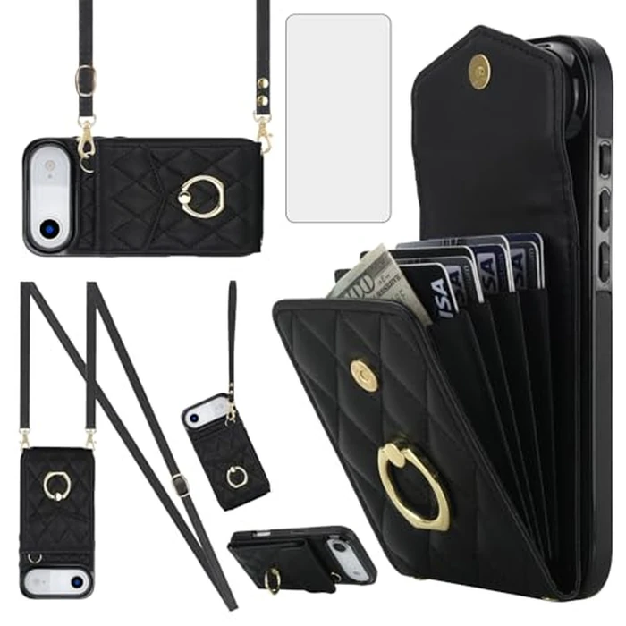 Asuwish Phone Case for iPhone 17 Air 6.5 inch Wallet Cell Cover with Tempered Glass Screen Protector Crossbody Wrist Strap Ring RFID Blocking Card Holder Slot i Phone17 i17 17Air Women Men Girls Black by Asuwish - Used - Like New condition