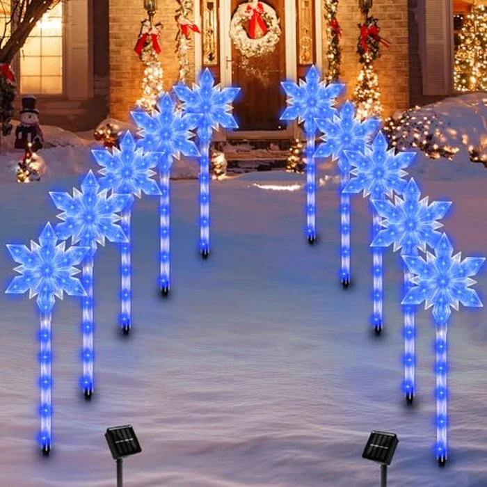 Snowflake Solar Christmas Pathway Lights, Set of 10 LED Outdoor Stake Lights, Waterproof Christmas Decorations for Garden, Yard, Lawn, Walkway, Patio Decor (10pcs Blue) by VOGVOG - Image 1
