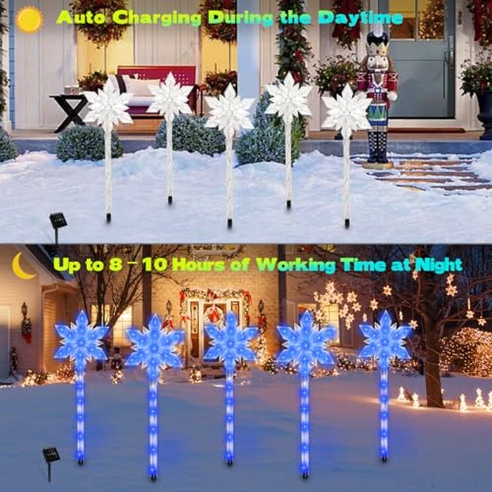 Snowflake Solar Christmas Pathway Lights, Set of 10 LED Outdoor Stake Lights, Waterproof Christmas Decorations for Garden, Yard, Lawn, Walkway, Patio Decor (10pcs Blue) by VOGVOG - Image 3