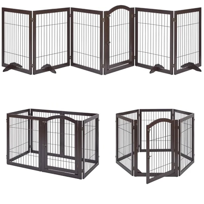 unipaws Extra Wide Dog Gates with Door, 6 Panels Freestanding Walk Through Pet Gate, Extendable Pet Playpen, Espresso by unipaws - Used - Very Good condition - CA$218.24