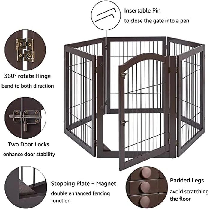 unipaws Extra Wide Dog Gates with Door, 6 Panels Freestanding Walk Through Pet Gate, Extendable Pet Playpen, Espresso by unipaws - Image 4