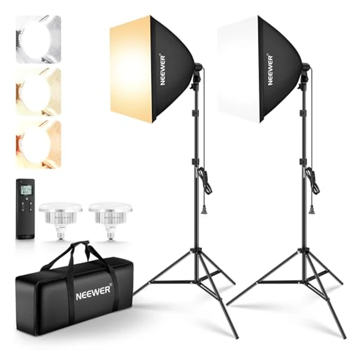 NEEWER 2Pcs 24"x24" 900W Equivalent Softbox Lighting Kit with Tripod Stands, 45W Bi Color 2.4G LED Bulbs, Remote, 10 Channels 2900K-7000K 1400lx/m CRI95, Photography Continuous Lighting Kit, NK103 by NEEWER - Used - Like New condition - US$64.99