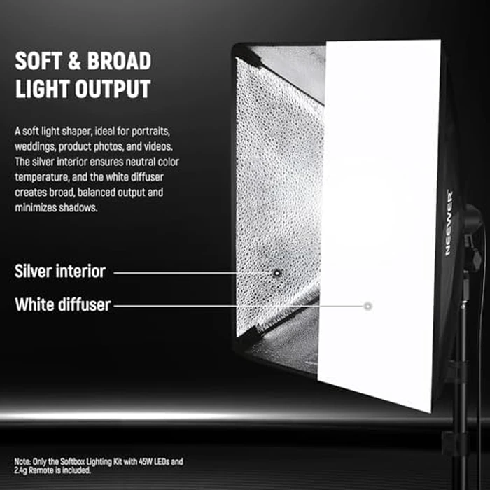 NEEWER 2Pcs 24"x24" 900W Equivalent Softbox Lighting Kit with Tripod Stands, 45W Bi Color 2.4G LED Bulbs, Remote, 10 Channels 2900K-7000K 1400lx/m CRI95, Photography Continuous Lighting Kit, NK103 by NEEWER - Image 3