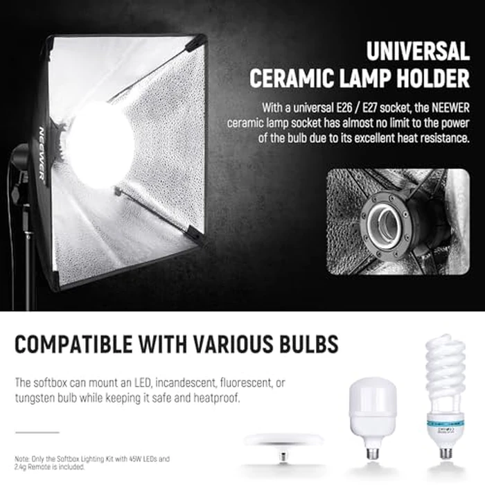 NEEWER 2Pcs 24"x24" 900W Equivalent Softbox Lighting Kit with Tripod Stands, 45W Bi Color 2.4G LED Bulbs, Remote, 10 Channels 2900K-7000K 1400lx/m CRI95, Photography Continuous Lighting Kit, NK103 by NEEWER - Image 7