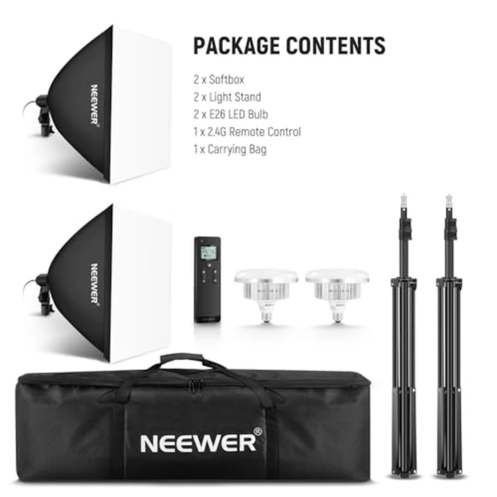 NEEWER 2Pcs 24"x24" 900W Equivalent Softbox Lighting Kit with Tripod Stands, 45W Bi Color 2.4G LED Bulbs, Remote, 10 Channels 2900K-7000K 1400lx/m CRI95, Photography Continuous Lighting Kit, NK103 by NEEWER - Image 9