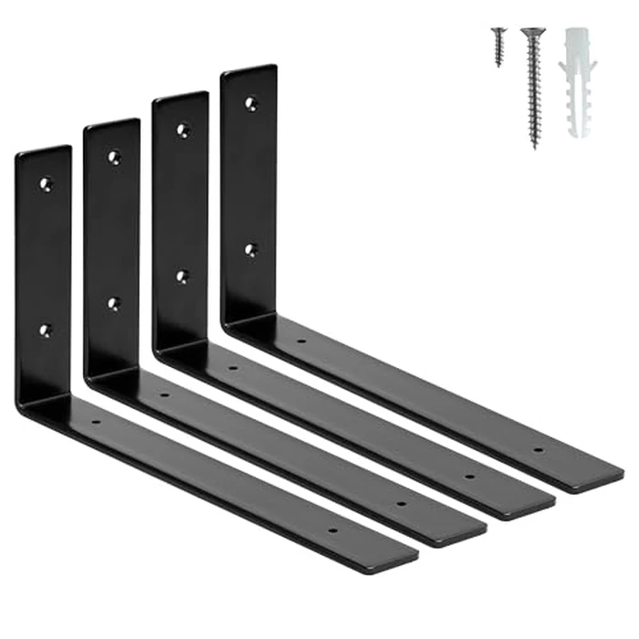 HEART ART 4 Pack Shelf Brackets 12 inch,L Brackets for Shelves,Black Heavy Duty Metal Shelf Brackets,12”x6”x1.4” by HEART ART - Image 1