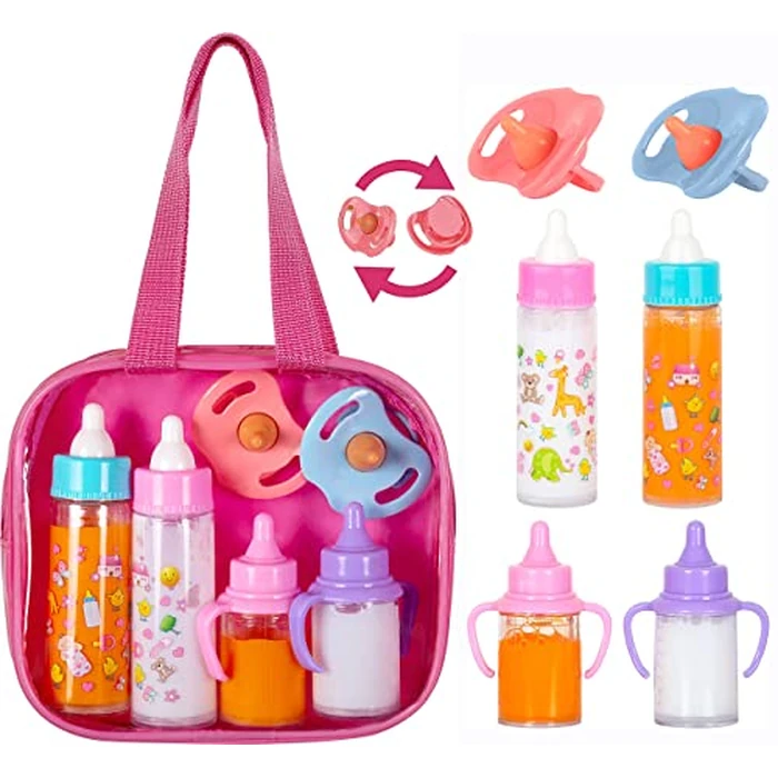 fash n kolor(R) My Sweet Baby Disappearing Doll Feeding Set, Baby Care 6 Piece Doll Feeding Set - for Toy Stroller | 2 Milk & Juice Bottles with 2 Toy Pacifier for Baby Dolls Set - Kids Gift Set by fash n kolor - Used - Like New condition