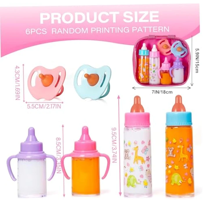 fash n kolor(R) My Sweet Baby Disappearing Doll Feeding Set, Baby Care 6 Piece Doll Feeding Set - for Toy Stroller | 2 Milk & Juice Bottles with 2 Toy Pacifier for Baby Dolls Set - Kids Gift Set by fash n kolor - Image 4