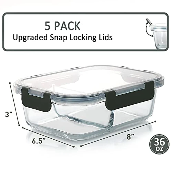 M MCIRCO [5-Pack,36 Oz] Glass Meal Prep Containers 2 Compartments Portion Control with Upgraded Snap Locking Lids Glass Food Storage Containers, Microwave, Oven, Freezer and Dishwasher (4.5 Cups) by M MCIRCO - Used - Like New condition