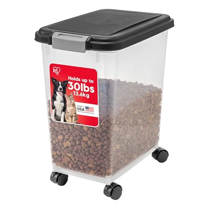 IRIS USA Airtight Dog Food Storage Container, Up to 30 lbs, Attachable Wheels, for Dog Cat Bird and other Pet Food Storage Bin, Keep Fresh, Easy Mobility, BPA Free, Black by IRIS USA - Used - Like New condition - US$22.58