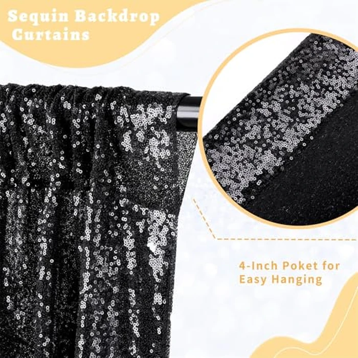8ftx10ft Black Sequin Backdrop Curtain Wedding Backdrop Drapes Photo Backdrop Glitter Photo Booth Curtain for Brirthday Baby Shower Halloween Party Decoration by B-COOL - Image 3