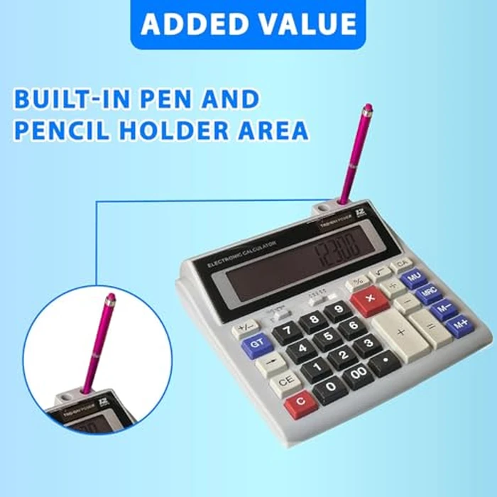 Lily's Home Jumbo 12-Digit Desktop Calculator, Solar & Battery Dual Power, Large LCD Display & Big Buttons, Tilted Easy-to-Read Screen, for Home, Office, School and Business Use-Ivory with Pen Holder by Lily's Home - Image 4