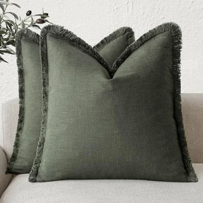 Foindtower Set of 2 Decorative Linen Fringe Throw Pillow Covers Cozy Farmhouse Cushion Cover with Tassels Accent Pillowcase for Couch Chair Sofa Bed Living Room Home Decor,18x18 Inch,Dark Olive Green by Foindtower - Image 1