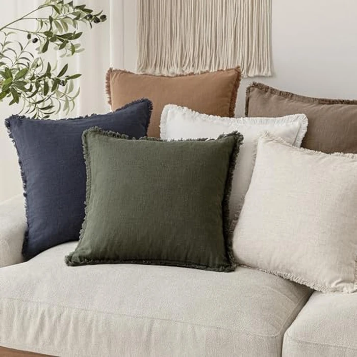 Foindtower Set of 2 Decorative Linen Fringe Throw Pillow Covers Cozy Farmhouse Cushion Cover with Tassels Accent Pillowcase for Couch Chair Sofa Bed Living Room Home Decor,18x18 Inch,Dark Olive Green by Foindtower - Image 7