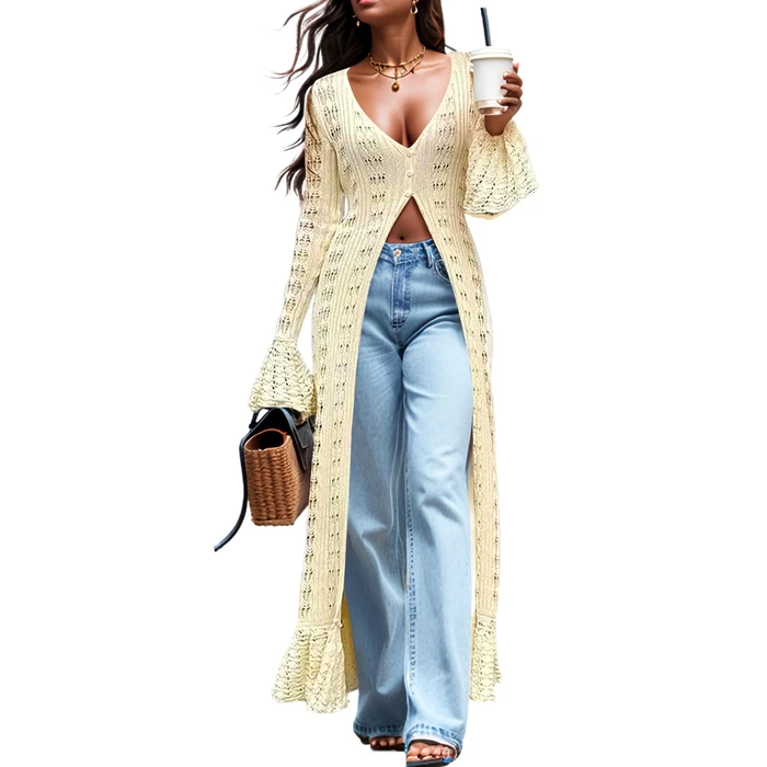 KWSTAIN Cream Lightweight Cardigans for Women 2025 Summer Autumn Trendy Elegant Bell Sleeve Flowy Crochet Knitted Thin Long Ruffle Hem Beige Maxi Dresses Knitwear (Beige,S) by KWSTAIN - Used - Like New condition - US$29.04