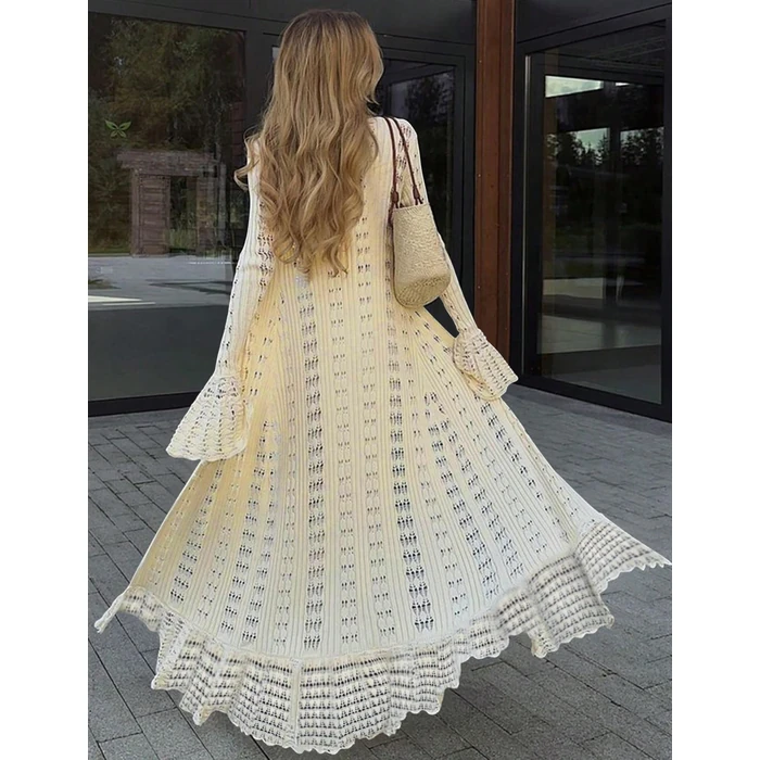 KWSTAIN Cream Lightweight Cardigans for Women 2025 Summer Autumn Trendy Elegant Bell Sleeve Flowy Crochet Knitted Thin Long Ruffle Hem Beige Maxi Dresses Knitwear (Beige,S) by KWSTAIN - Image 2